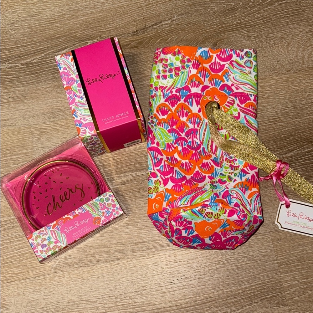 Lilly Pulitzer bundle of a wine tote, wine coaster & candle in I’m so hooked NWT